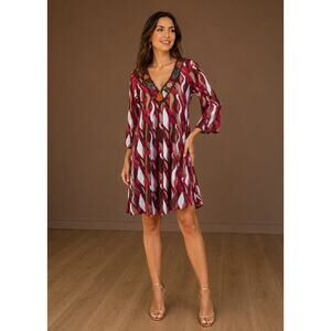 Chan Luu Tunic Dress Pink Abstract Beaded V Neck Boho Festival Size S